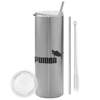 Pumba, Eco friendly ποτήρι θερμό Ασημένιο (tumbler) από ανοξείδωτο ατσάλι 600ml, με μεταλλικό καλαμάκι & βούρτσα καθαρισμού