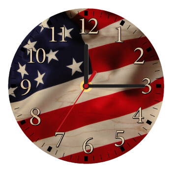 USA Flag, Ρολόι τοίχου ξύλινο plywood (20cm)
