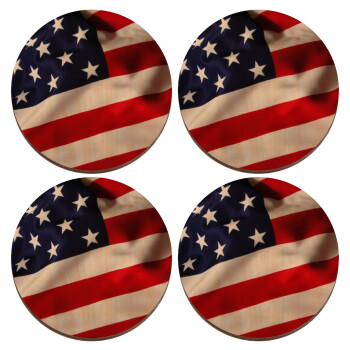 USA Flag, ΣΕΤ x4 Σουβέρ ξύλινα στρογγυλά plywood (9cm)