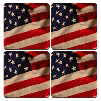 USA Flag, ΣΕΤ x4 Σουβέρ ξύλινα τετράγωνα plywood (9cm)