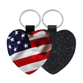 Σημαία Αμερικής, Μπρελόκ PU δερμάτινο glitter καρδιά ΜΑΥΡΟ