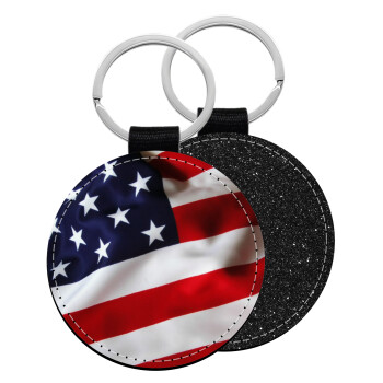USA Flag, Μπρελόκ Δερματίνη, στρογγυλό ΜΑΥΡΟ (5cm)