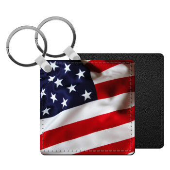 USA Flag, Μπρελόκ Δερματίνη, τετράγωνο ΜΑΥΡΟ (5x5cm)