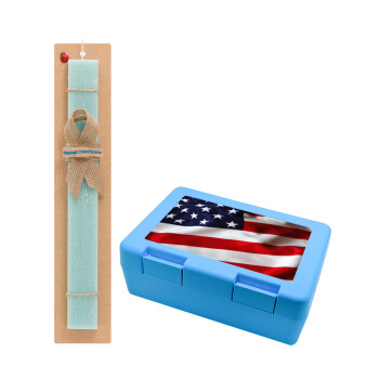 USA Flag, Easter Set, children's snack container BLUE & Easter aromatic flat candle (30cm) (TURQUOISE)