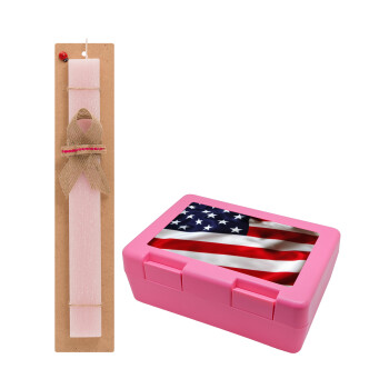 USA Flag, Easter Set, children's snack container PINK & scented flat Easter candle (30cm) (PINK)