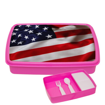 Σημαία Αμερικής, ΡΟΖ παιδικό δοχείο φαγητού (lunchbox) πλαστικό με παιδικά μαχαιροπίρουρα & 2 εσωτερικά δοχεία (BPA-FREE) Lunch Βox M23 x Π18 x Υ4cm