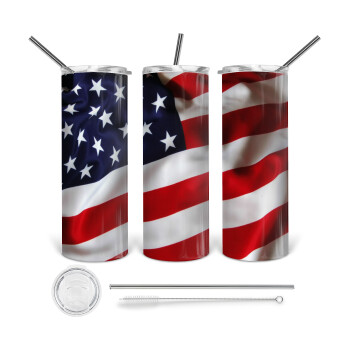Σημαία Αμερικής, 360 Eco friendly ποτήρι θερμό (tumbler) από ανοξείδωτο ατσάλι 600ml, με μεταλλικό καλαμάκι & βούρτσα καθαρισμού