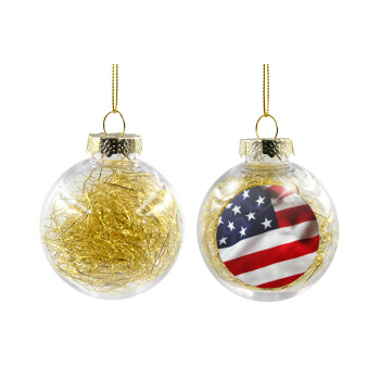 USA Flag, Transparent Christmas tree ball ornament with gold filling 8cm