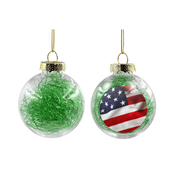 USA Flag, Transparent Christmas tree ball ornament with green filling 8cm