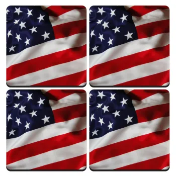 USA Flag, ΣΕΤ 4 Σουβέρ ξύλινα τετράγωνα (9cm)