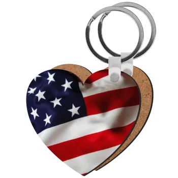 USA Flag, Μπρελόκ Ξύλινο καρδιά MDF
