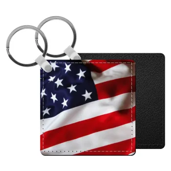 USA Flag, Μπρελόκ Δερματίνη, τετράγωνο ΜΑΥΡΟ (5x5cm)