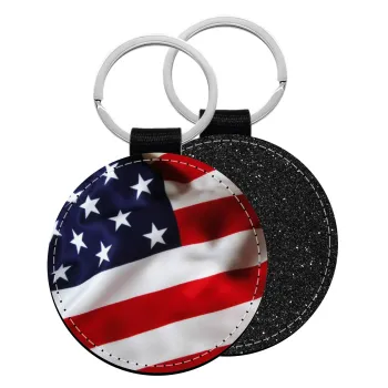 USA Flag, Μπρελόκ Δερματίνη, στρογγυλό ΜΑΥΡΟ (5cm)