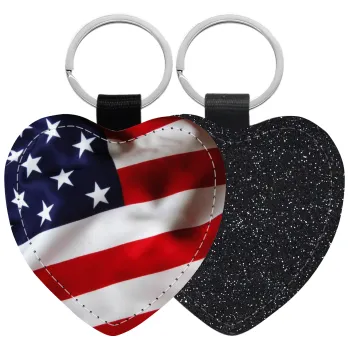 USA Flag, Μπρελόκ PU δερμάτινο glitter καρδιά ΜΑΥΡΟ