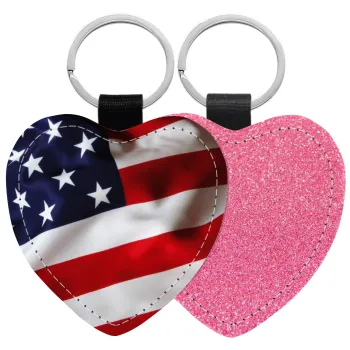 USA Flag, Μπρελόκ PU δερμάτινο glitter καρδιά ΡΟΖ