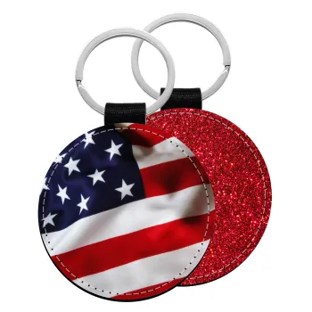 USA Flag, Μπρελόκ Δερματίνη, στρογγυλό ΚΟΚΚΙΝΟ (5cm)
