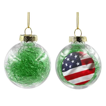 USA Flag, Transparent Christmas tree ball ornament with green filling 8cm