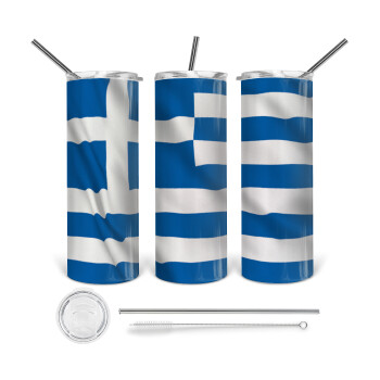 Σημαία Ελλάδας, 360 Eco friendly ποτήρι θερμό (tumbler) από ανοξείδωτο ατσάλι 600ml, με μεταλλικό καλαμάκι & βούρτσα καθαρισμού