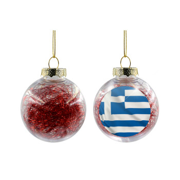 GREEK Flag, Transparent Christmas tree ball ornament with red filling 8cm