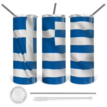 Σημαία Ελλάδας, Tumbler ποτήρι θερμό από ανοξείδωτο ατσάλι 600ml, με μεταλλικό καλαμάκι & βούρτσα καθαρισμού