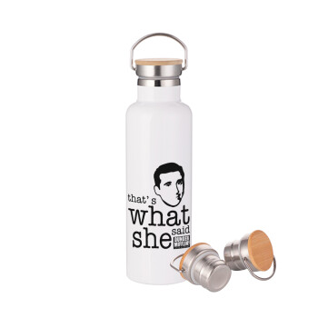 The office Michael That's what she said, Stainless steel White with wooden lid (bamboo), double wall, 750ml