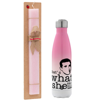 The office Michael That's what she said, Easter Set, Metallic pink/white (Stainless steel) thermos, double-walled, 500ml & aromatic flat Easter candle (30cm) (PINK)