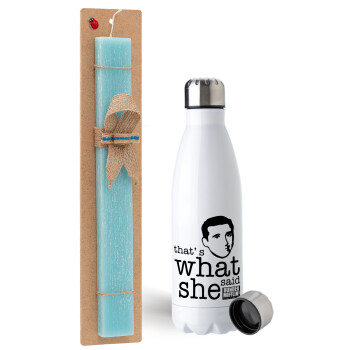 The office Michael That's what she said, Easter Set, metallic stainless steel water bottle (750ml) & aromatic flat Easter candle (30cm) (TURQUOISE)