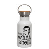Metallic thermos (Stainless steel) White with wooden lid (bamboo), double-walled, 350ml