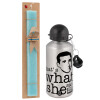 Easter Set, metallic silver aluminum water bottle (500ml) & scented flat Easter candle (30cm) (TURQUOISE)