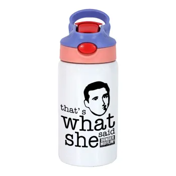 The office Michael That's what she said, Children's hot water bottle, stainless steel, with safety straw, pink/purple (350ml)