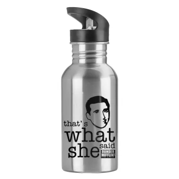 The office Michael That's what she said, Water bottle Silver with straw, stainless steel 600ml