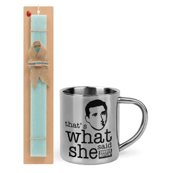 The office Michael That's what she said, Easter Set, metallic thermal cup (300ml) & aromatic flat Easter candle (30cm) (TURQUOISE)