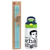 Easter Set, Children's thermal stainless steel bottle with safety straw, green/blue (350ml) & aromatic flat Easter candle (30cm) (TURQUOISE)
