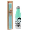 Easter Set, Metallic green/white thermos (Stainless steel), double-walled, 500ml & scented flat Easter candle (30cm) (TURQUOISE)