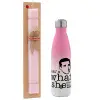 Easter Set, Metallic pink/white (Stainless steel) thermos, double-walled, 500ml & aromatic flat Easter candle (30cm) (PINK)