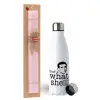 Easter Set, metallic stainless steel water bottle (750ml) & scented flat Easter candle (30cm) (PINK)