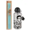 Easter Set, metallic silver aluminum water bottle (500ml) & scented flat Easter candle (30cm) (TURQUOISE)