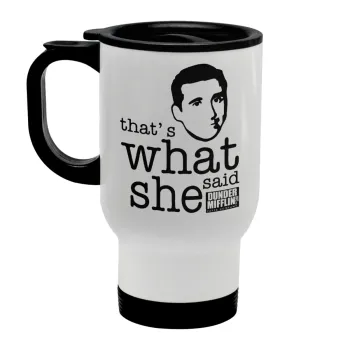The office Michael That's what she said, Stainless steel travel mug with lid, double wall white 450ml