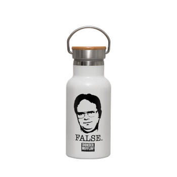 The office Dwight, Μεταλλικό παγούρι θερμός (Stainless steel) Λευκό με ξύλινο καπακι (bamboo), διπλού τοιχώματος, 350ml