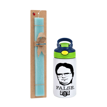 The office Dwight, Easter Set, Children's thermal stainless steel bottle with safety straw, green/blue (350ml) & aromatic flat Easter candle (30cm) (TURQUOISE)