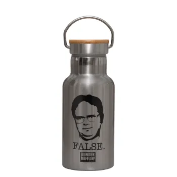 The office Dwight, Stainless steel metallic thermos flask, silver with a bamboo lid, double-walled, 350ml.