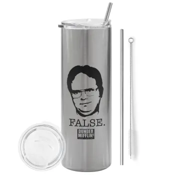 The office Dwight, Tumbler ποτήρι θερμό Ασημένιο από ανοξείδωτο ατσάλι 600ml, με μεταλλικό καλαμάκι & βούρτσα καθαρισμού