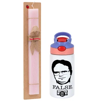 The office Dwight, Easter Set, Children's thermal stainless steel water bottle with safety straw, pink/purple (350ml) & Easter scented flat candle (30cm) (PINK)