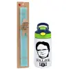 Easter Set, Children's thermal stainless steel bottle with safety straw, green/blue (350ml) & aromatic flat Easter candle (30cm) (TURQUOISE)