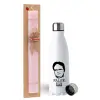 Easter Set, metallic stainless steel water bottle (750ml) & scented flat Easter candle (30cm) (PINK)
