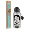 Easter Set, metallic silver aluminum water bottle (500ml) & scented flat Easter candle (30cm) (TURQUOISE)