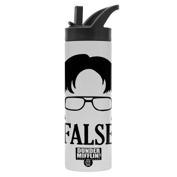 The office Dwight false, Metallic thermos bottle with straw & handle, stainless steel (Stainless steel 304), double-walled, 600ml.
