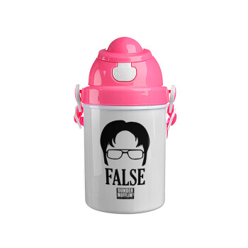 The office Dwight false, Ροζ παιδικό παγούρι πλαστικό (BPA-FREE) με καπάκι ασφαλείας, κορδόνι και καλαμάκι, 400ml