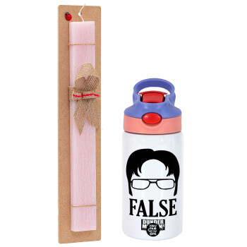 The office Dwight false, Πασχαλινό Σετ, Παιδικό παγούρι θερμό, ανοξείδωτο, με καλαμάκι ασφαλείας, ροζ/μωβ (350ml) & πασχαλινή λαμπάδα αρωματική πλακέ (30cm) (ΡΟΖ)