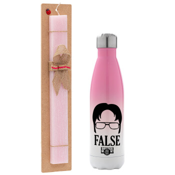 The office Dwight false, Easter Set, Metallic pink/white (Stainless steel) thermos, double-walled, 500ml & aromatic flat Easter candle (30cm) (PINK)